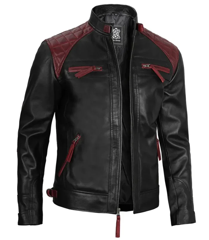 Rollins Men's Black and Maroon Quilted Cafe Racer Leather Jacket – Bold Style & Superior Comfort - Image 5