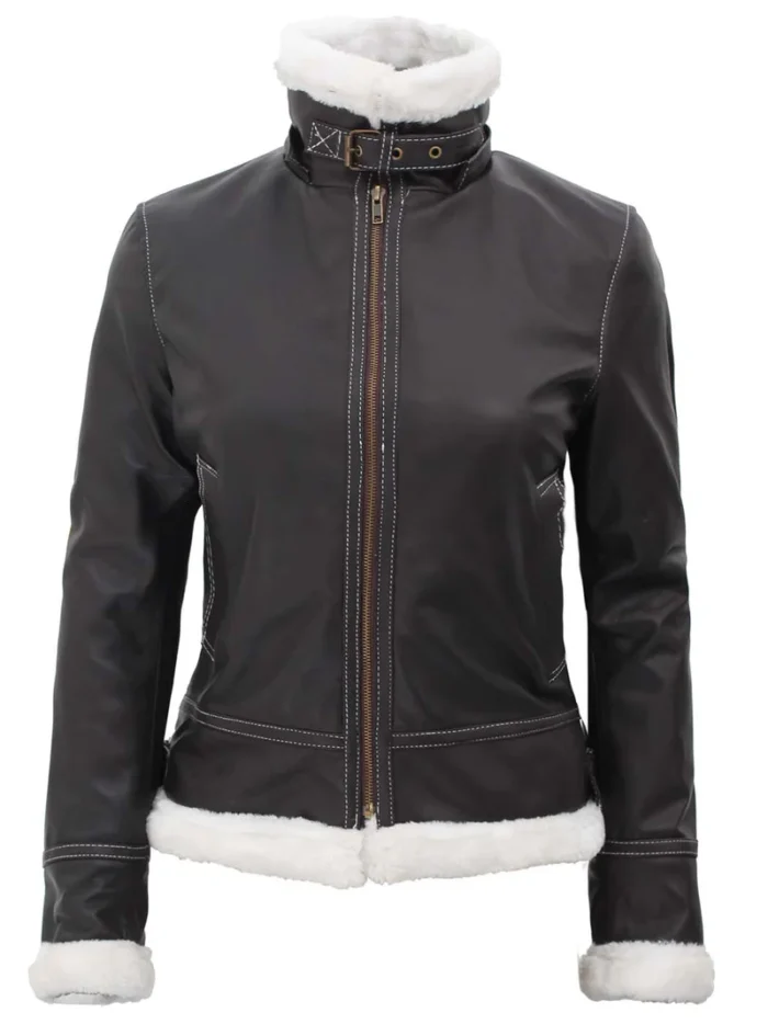 Mary Women's Leather Bomber Jacket with Fur Lining & Detachable Hood - Stylish Dark Brown Winter Coat - Image 5
