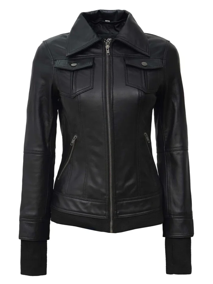 Tralee Petite Women’s Black Hooded Motorcycle Leather Jacket – Stylish & Comfortable Outerwear - Image 5