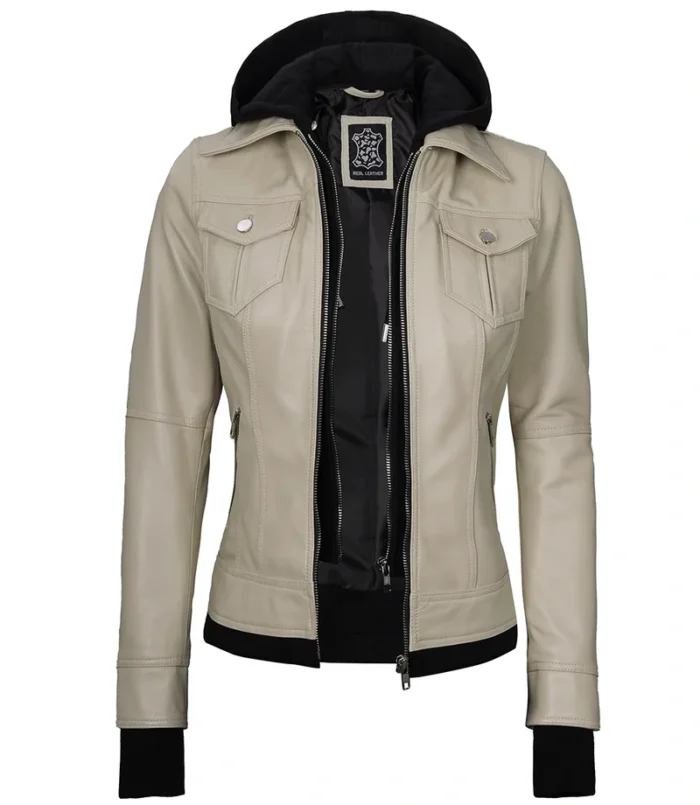 Women's Beige Motorcycle Leather Jacket with Hood – Stylish & Durable Outerwear for Every Ride - Image 5