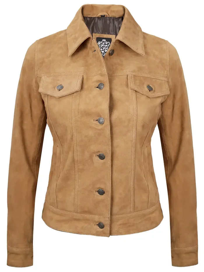 Women's Light Tan Suede Trucker Jacket – Stylish & Comfortable Outerwear - Image 5