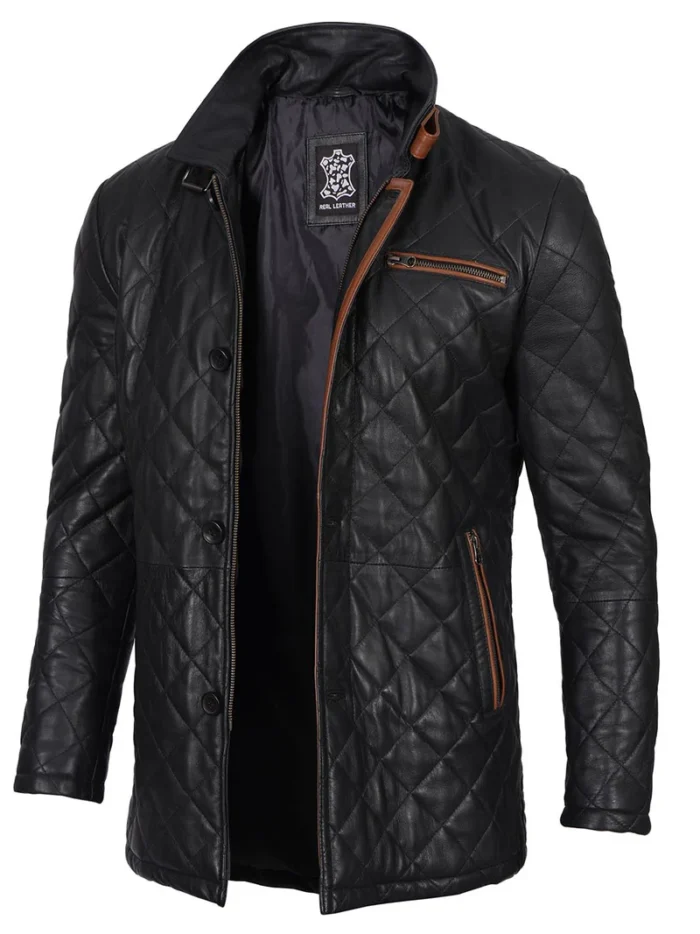 Glen Men's Black Quilted Leather Coat – Premium Real Lambskin with Modern Design - Image 5
