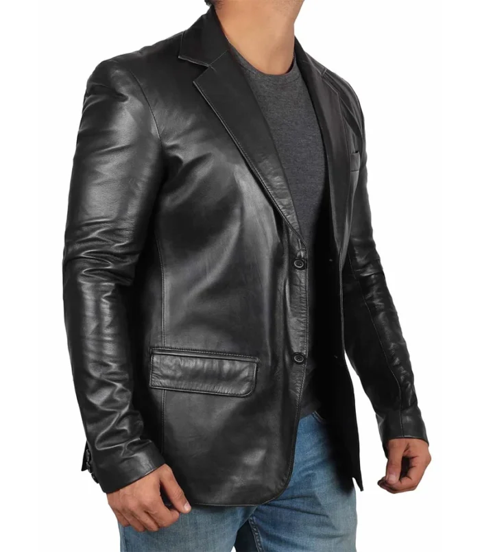 Men's Notch Lapel Two-Button Black Leather Blazer – Stylish, Premium Outerwear for Every Occasion - Image 6