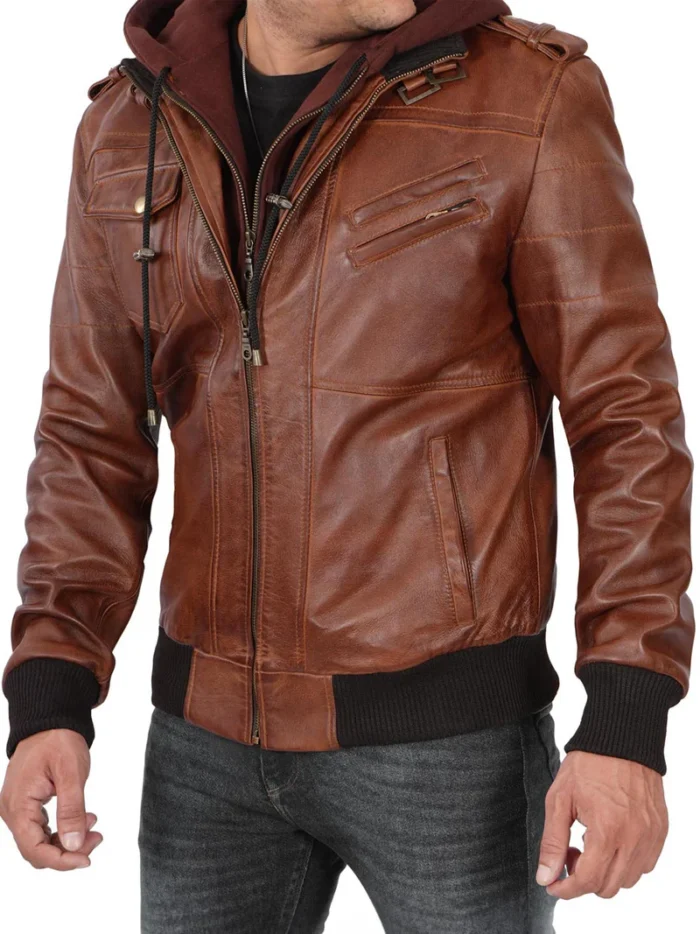 Edinburgh Men’s Bomber Brown Leather Jacket with Removable Hood – Stylish & Functional Outerwear - Image 6