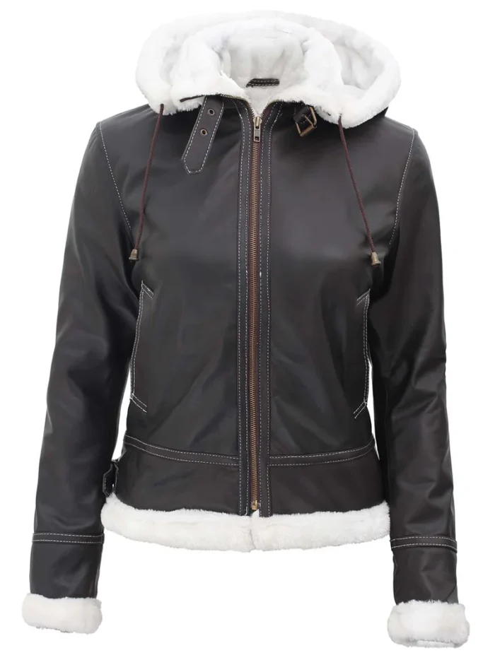 Mary Women's Leather Bomber Jacket with Fur Lining & Detachable Hood - Stylish Dark Brown Winter Coat - Image 6