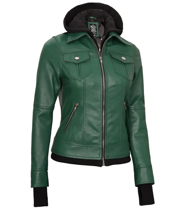 Green Leather Biker Jacket for Women with Hood – Stylish & Bold Outerwear for Every Adventure - Image 6