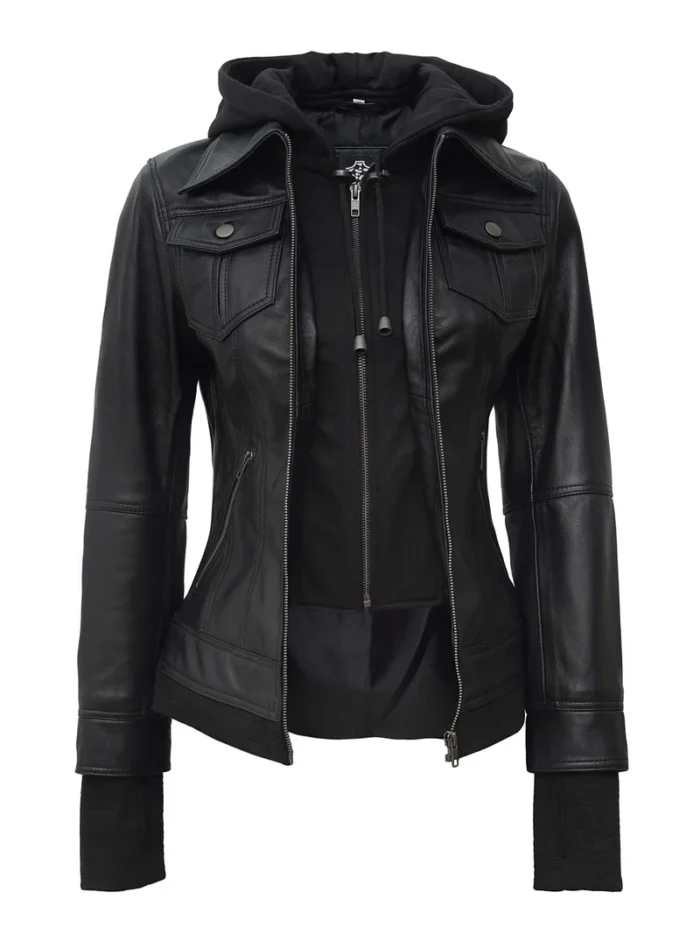 Tralee Petite Women’s Black Hooded Motorcycle Leather Jacket – Stylish & Comfortable Outerwear - Image 6