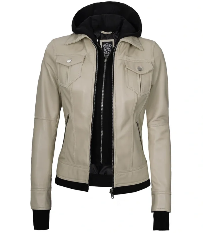 Women's Beige Motorcycle Leather Jacket with Hood – Stylish & Durable Outerwear for Every Ride - Image 6