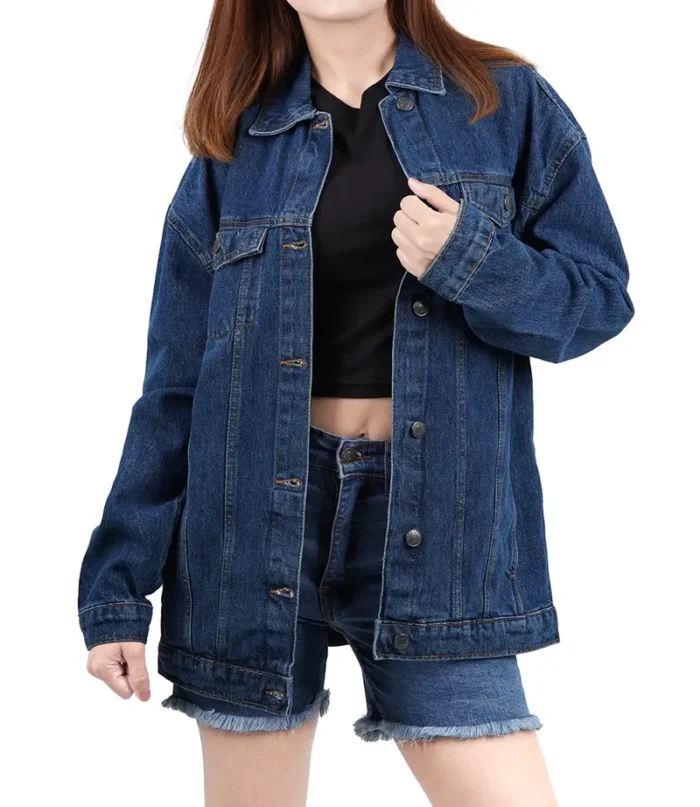 Women's Mid Blue Oversized Denim Jacket – Trendy & Comfortable Casual Outerwear - Image 5