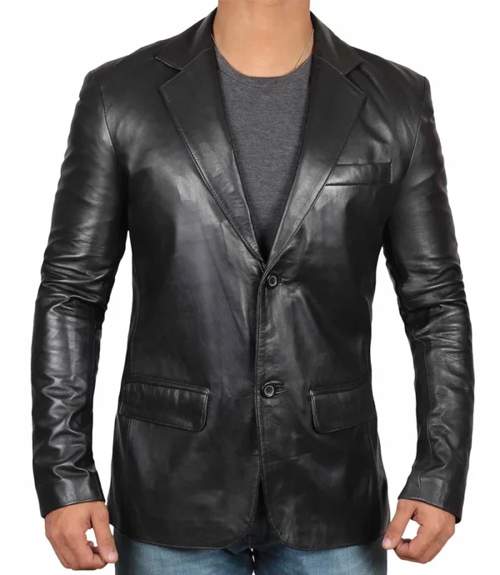 Men's Notch Lapel Two-Button Black Leather Blazer – Stylish, Premium Outerwear for Every Occasion - Image 7