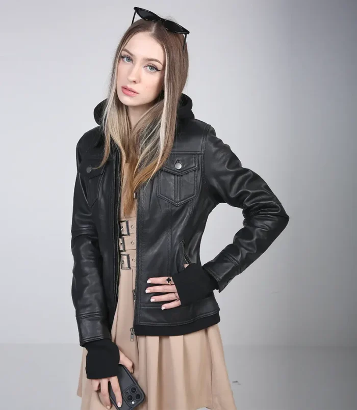 Women’s Black Leather Motorcycle Jacket with Hood – Stylish, Durable & Protective Outerwear - Image 7