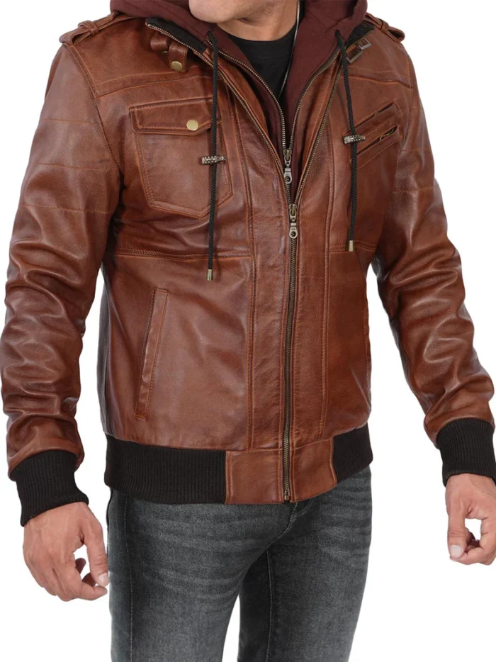 Edinburgh Men's Bomber Brown Leather Jacket with Removable Hood – Stylish & Versatile - Image 7