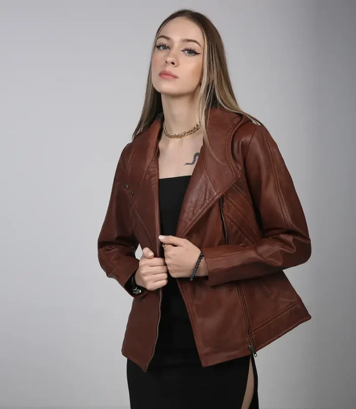 Cidra Women’s Asymmetrical Brown Hooded Leather Jacket – Stylish and Modern Leather Outerwear - Image 7