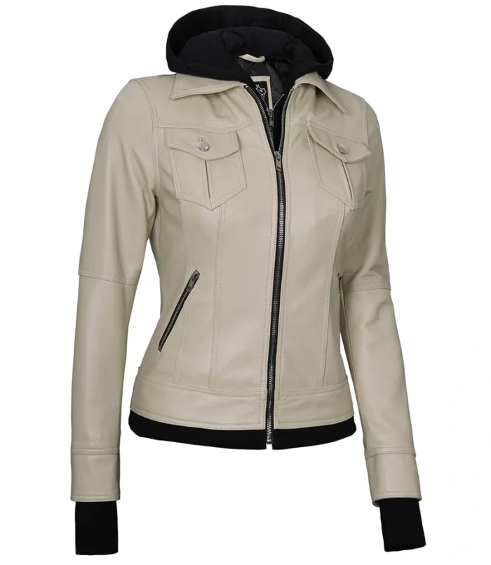 Women's Beige Motorcycle Leather Jacket with Hood – Stylish & Durable Outerwear for Every Ride - Image 7