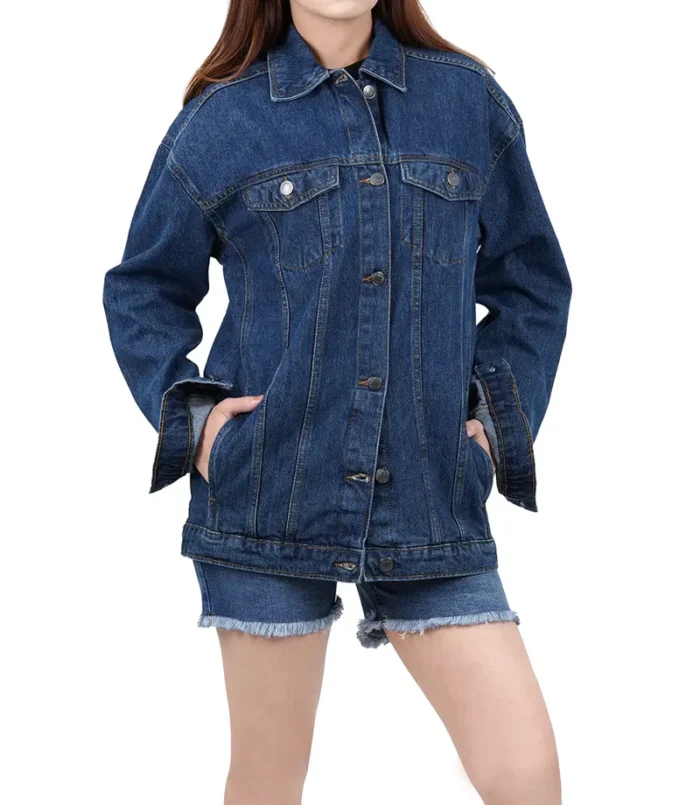 Women's Mid Blue Oversized Denim Jacket – Trendy & Comfortable Casual Outerwear - Image 6