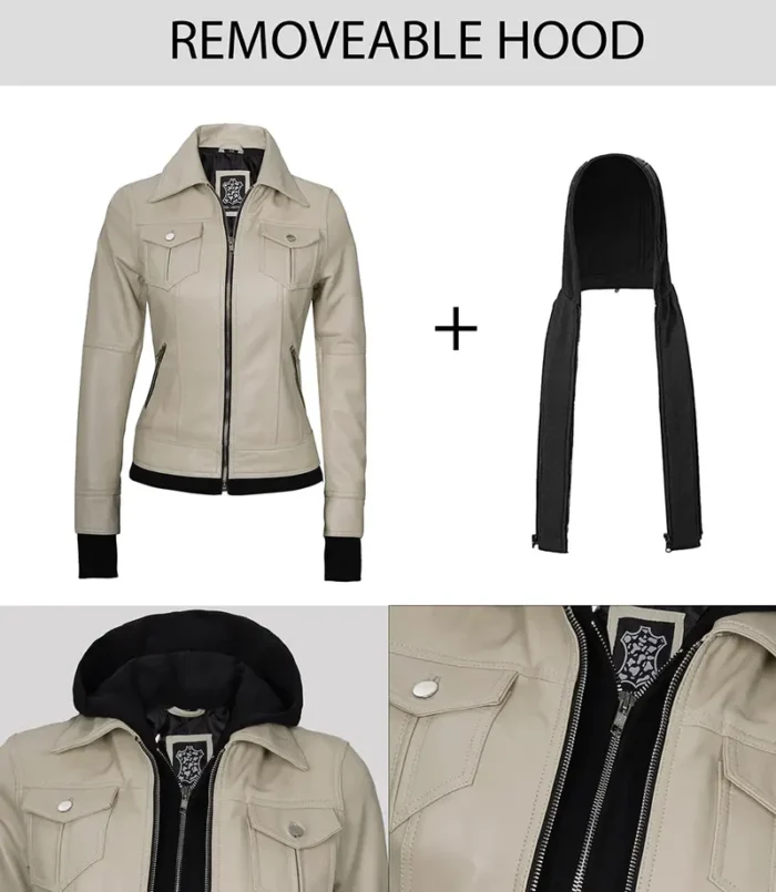 Women's Beige Motorcycle Leather Jacket with Hood – Stylish & Durable Outerwear for Every Ride - Image 8