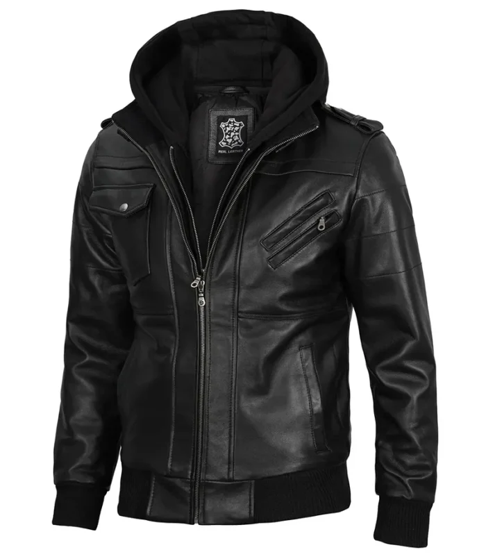 Edinburgh Men’s Black Bomber Leather Jacket with Removable Hood – Stylish & Versatile Outerwear - Image 8